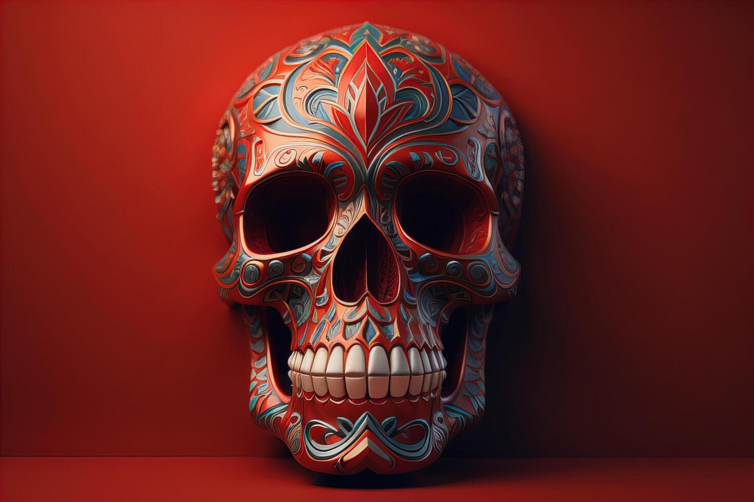 a skull on a red background. Halloween concept. photo