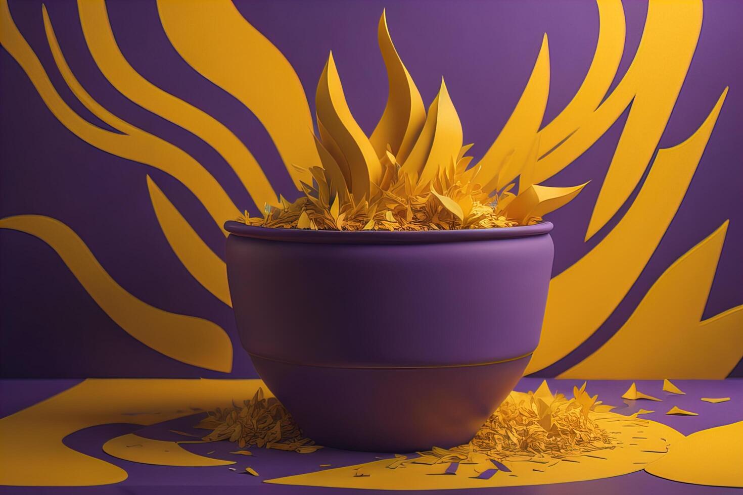 flower pot with yellow petals on purple background. photo