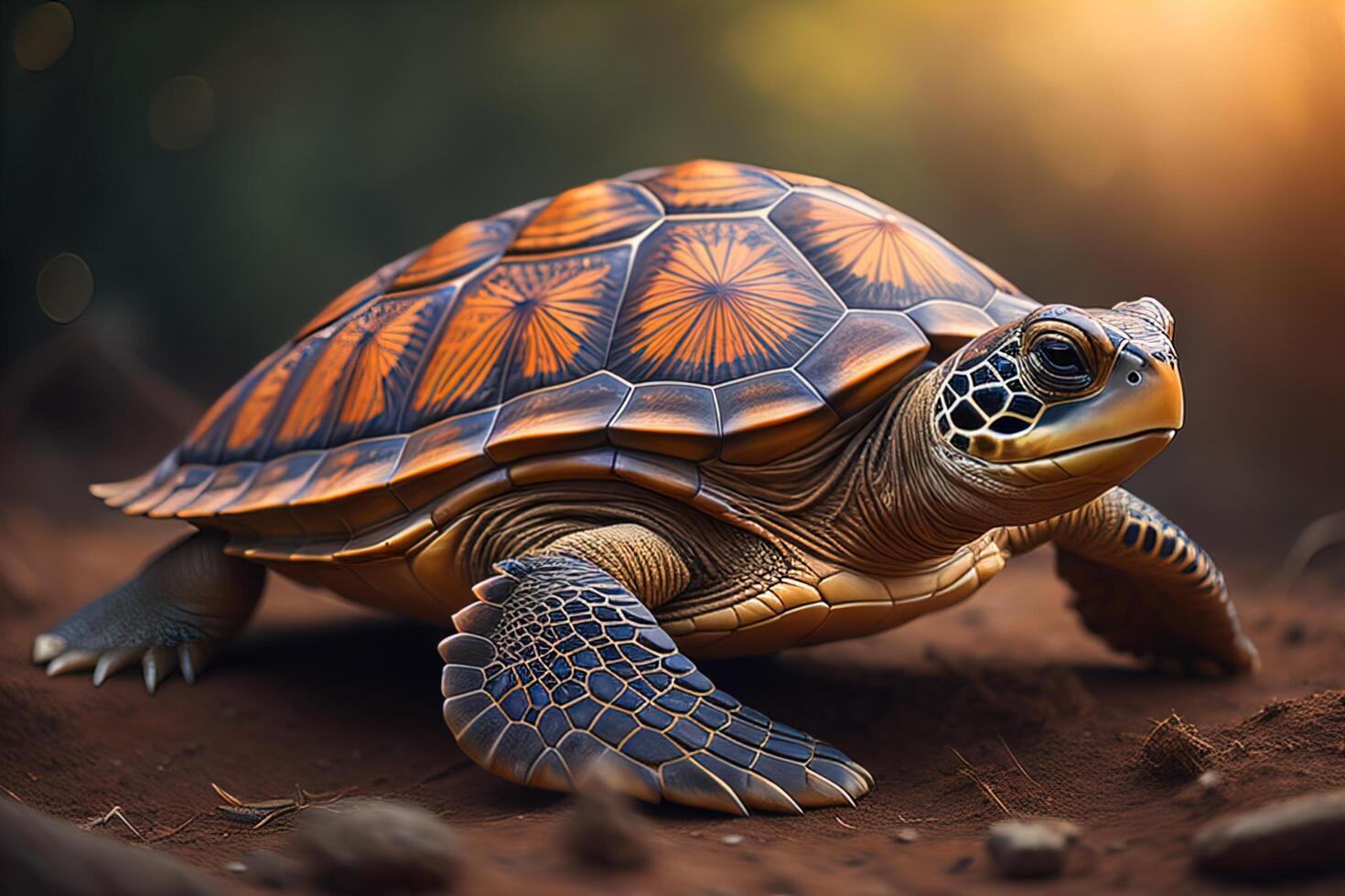 turtle on the sand in the evening light. photo