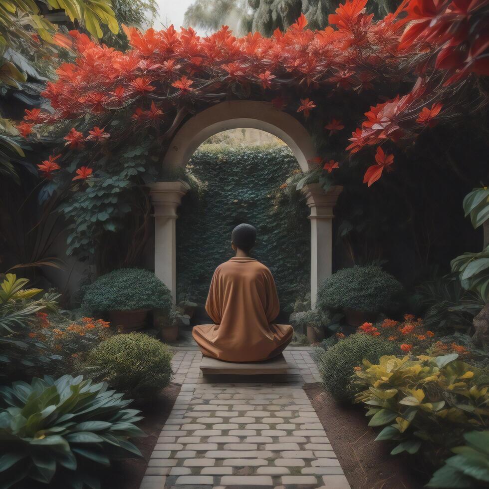 A monk sitting in a meditation pose in a beautiful garden with flowers. generative ai photo