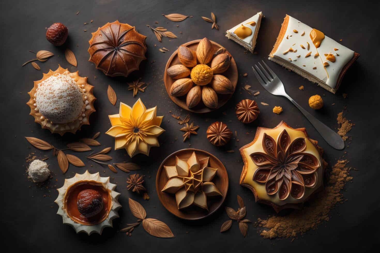 Assortment of chocolates on a black background, top view. photo