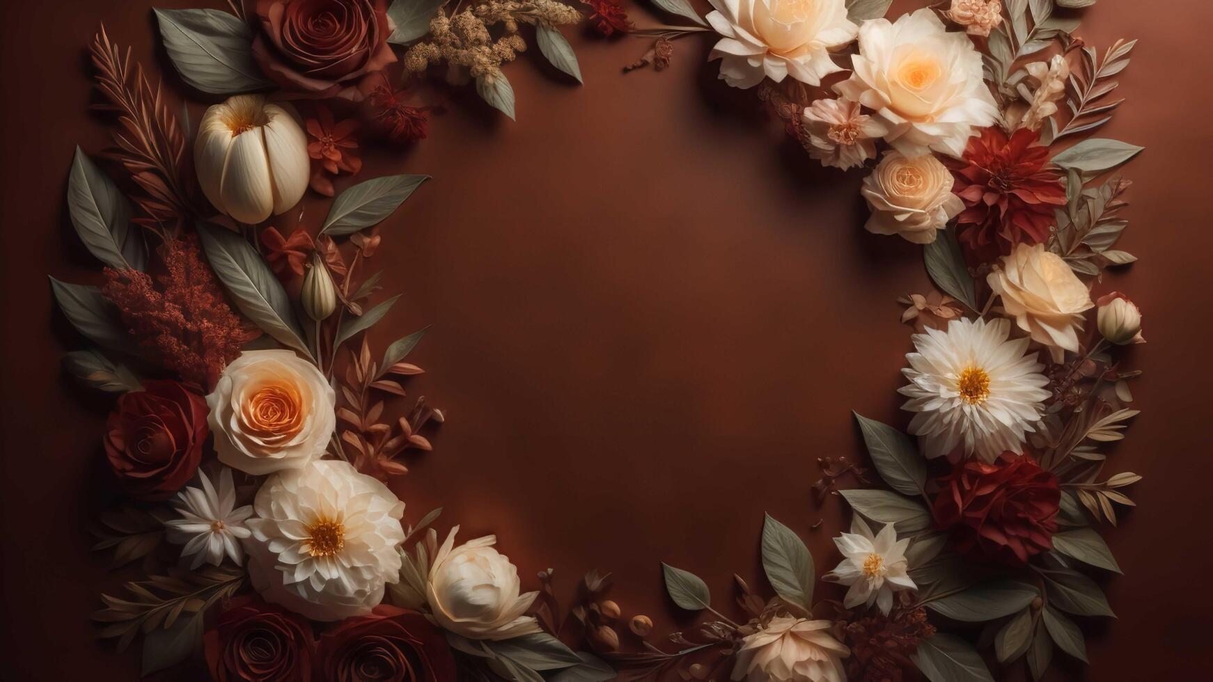 Beautiful floral frame on brown background. Flat lay, top view. generative ai photo