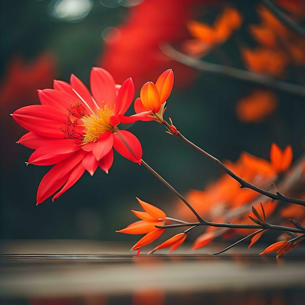 Beautiful red dahlia flowers on the background of autumn leaves. generative ai photo