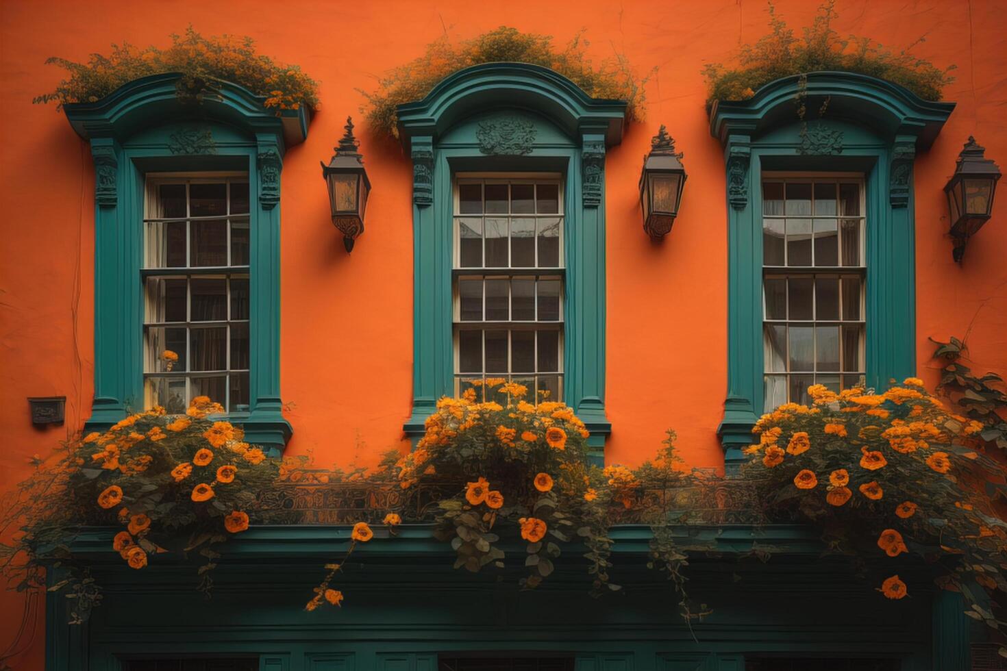 Beautiful orange wall with windows and flowers. photo