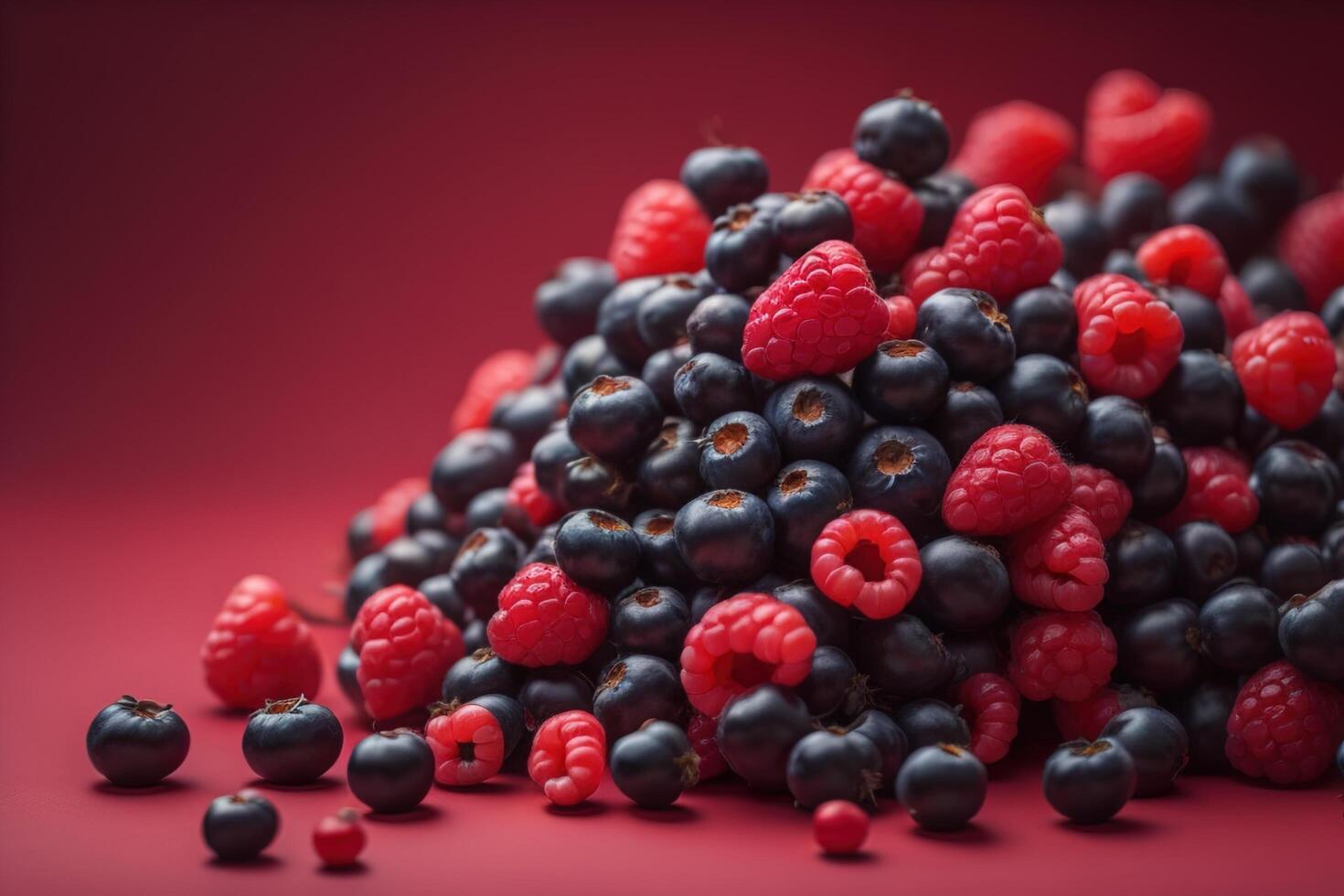 Blackberry, raspberry and blueberry on a red background. Selective focus. photo