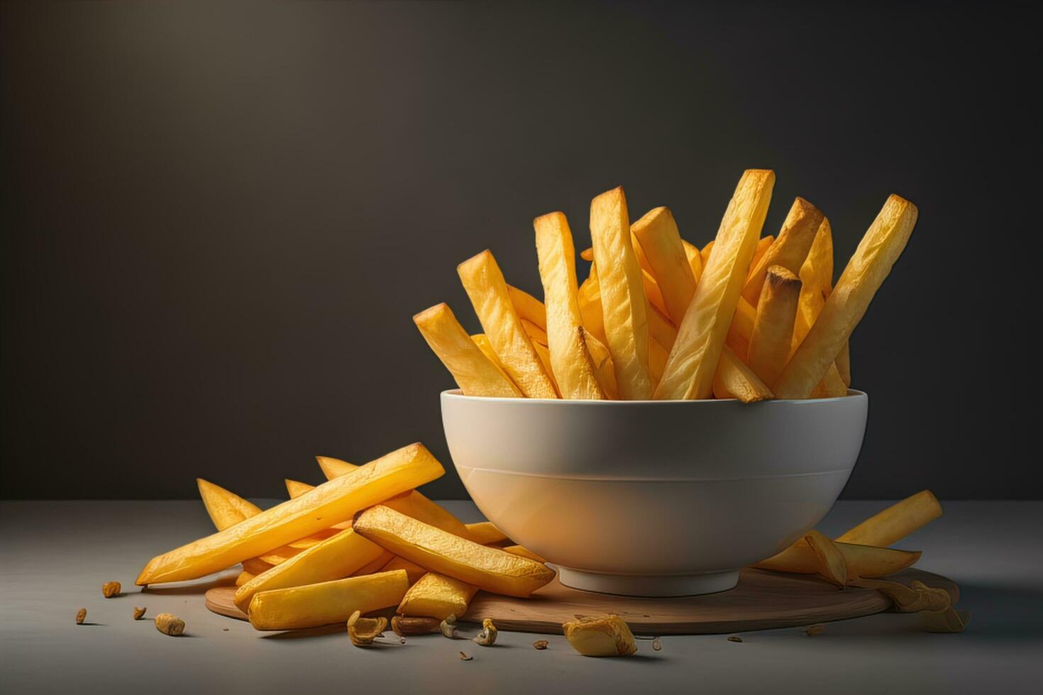 Bowl with tasty golden french fries on grey table, generative ai photo