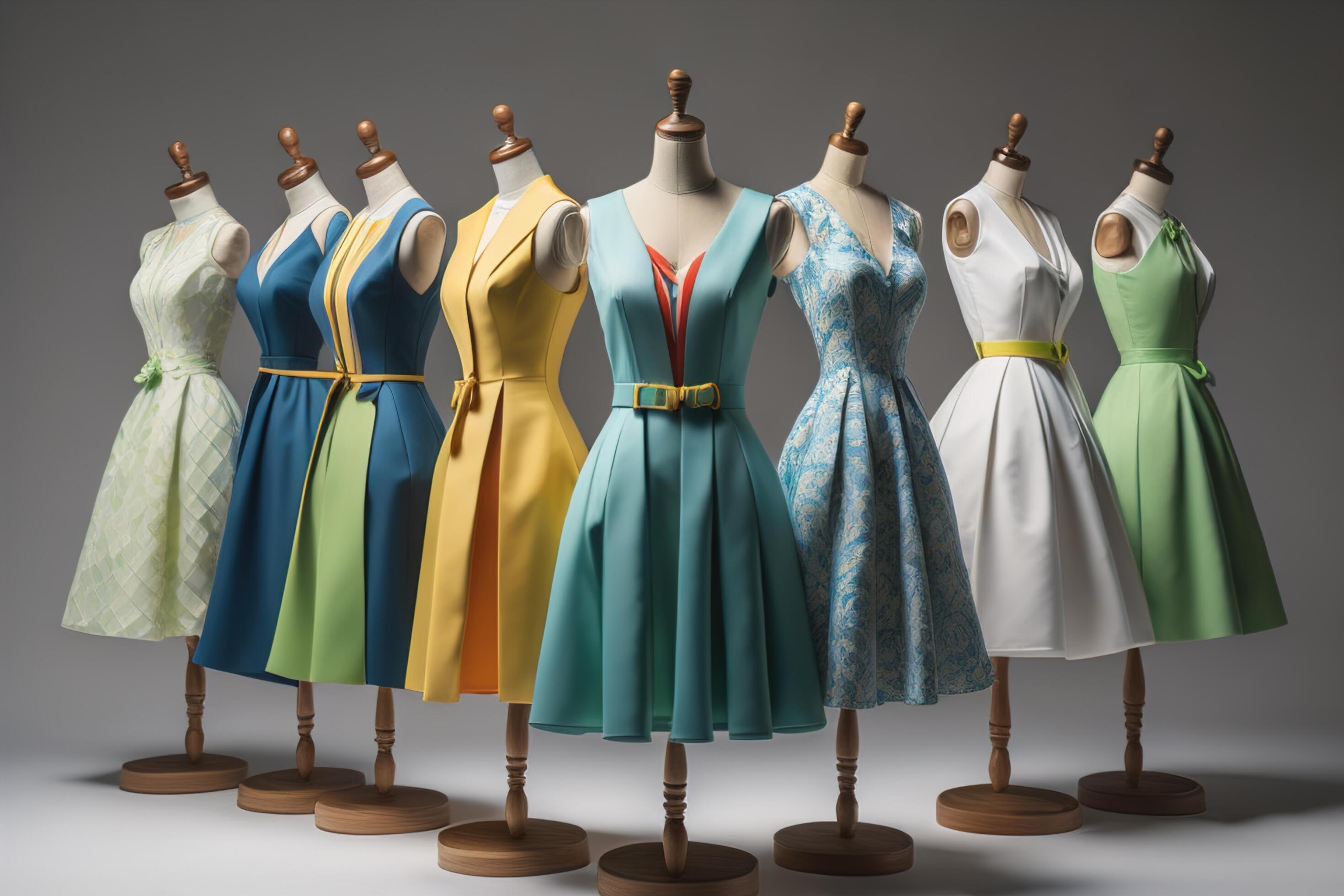 Collection of colorful dresses on mannequins, generative ai 27057619