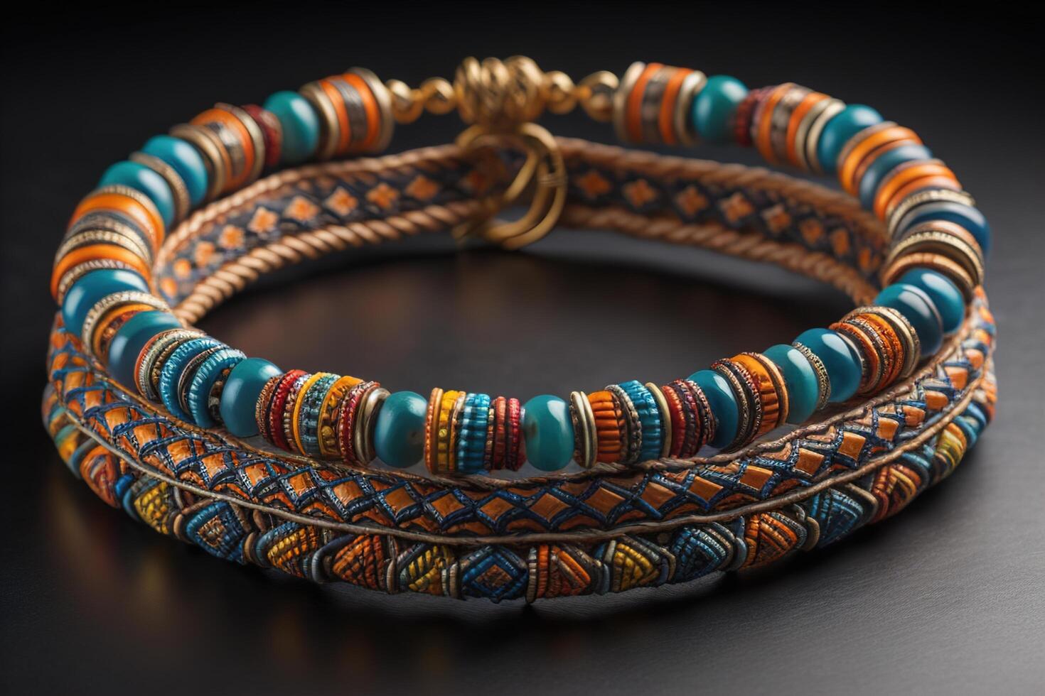 Colorful bracelets on a black background close-up. Boho style. photo
