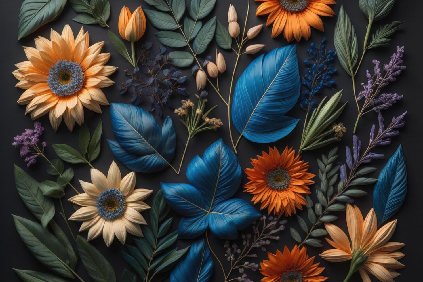 Flowers composition. Colorful flowers on black background. Flat lay, top view, copy space. photo