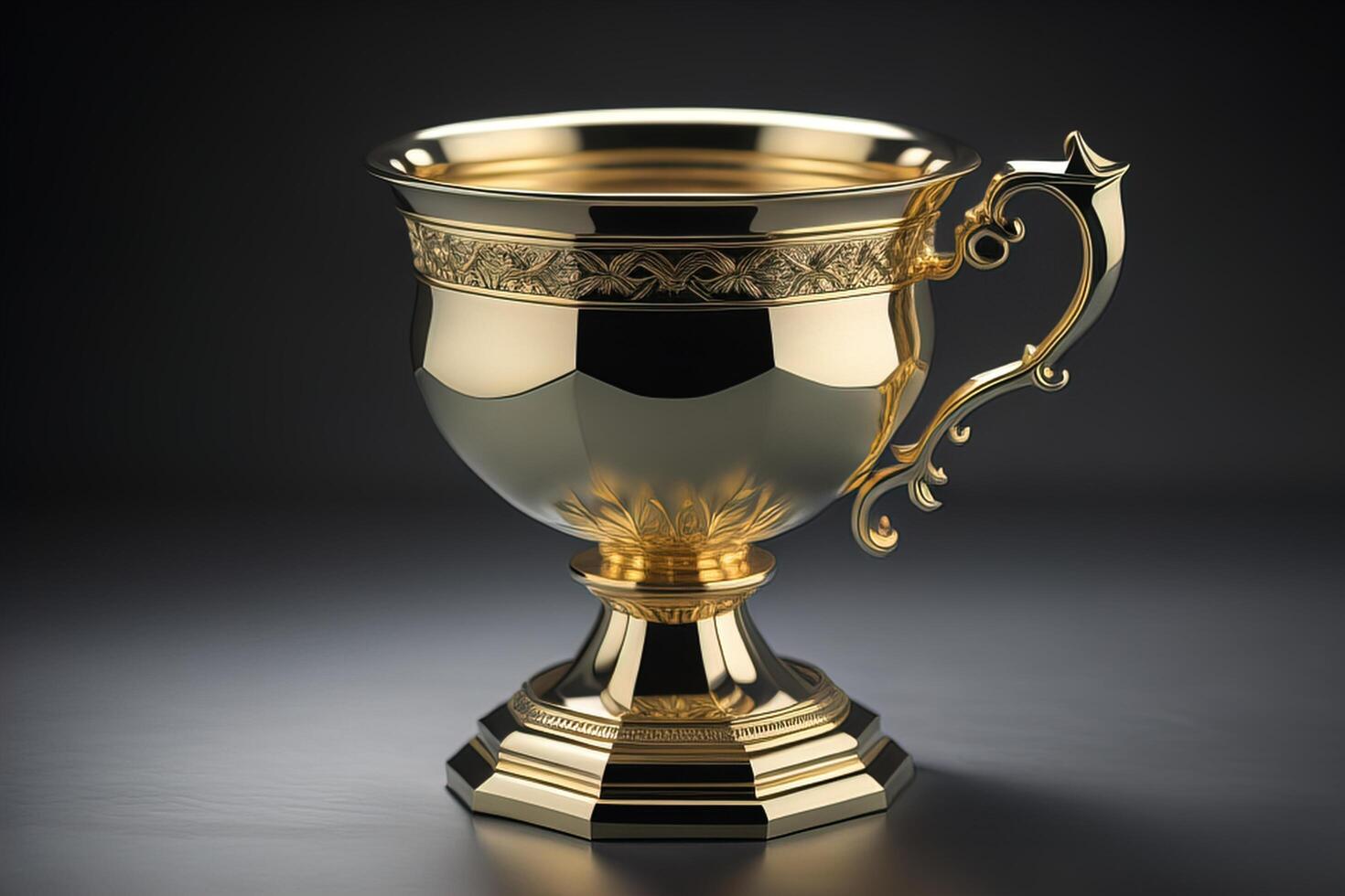 Golden trophy cup on black background. photo