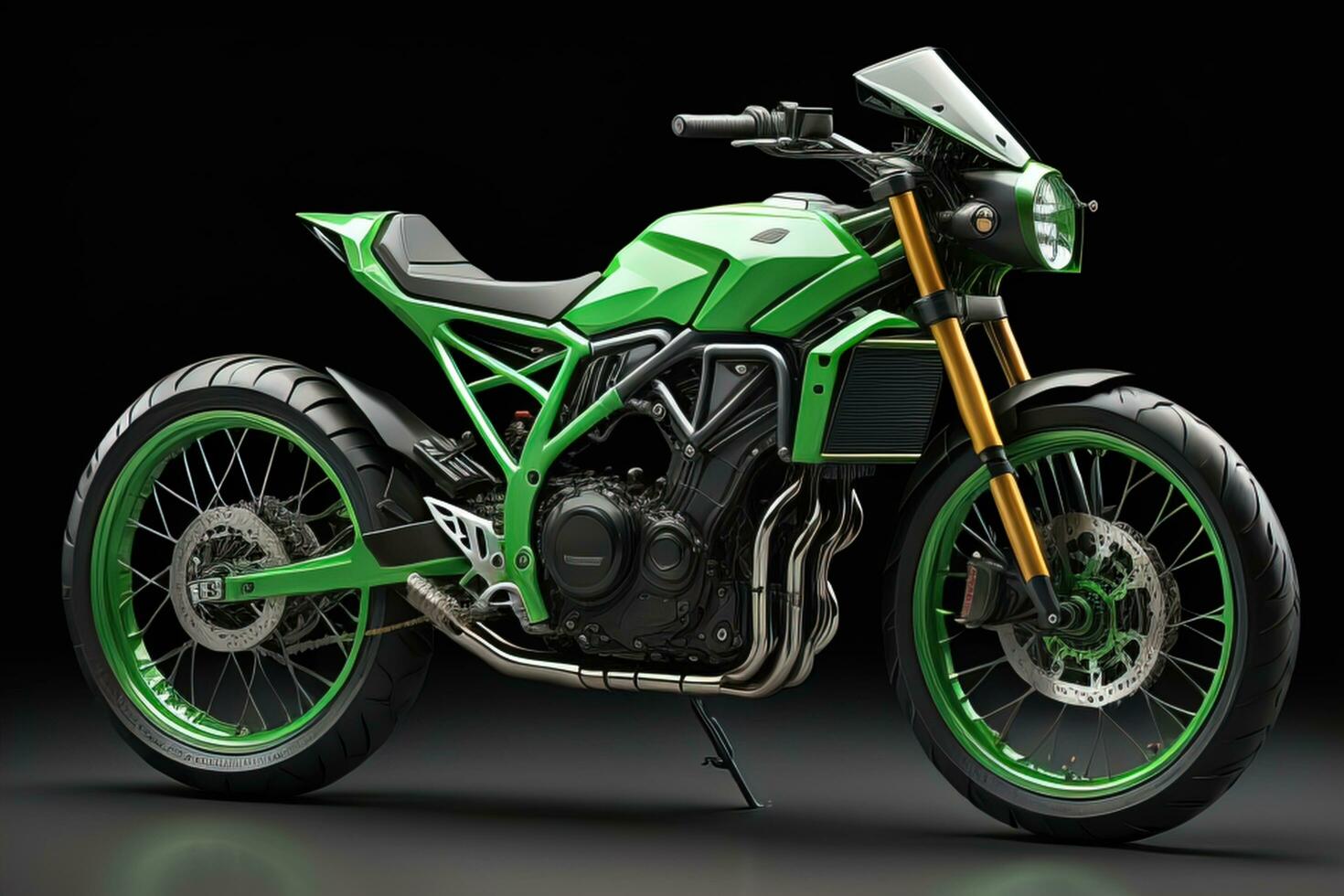 Green chopper motorcycle on a black background. generative ai photo