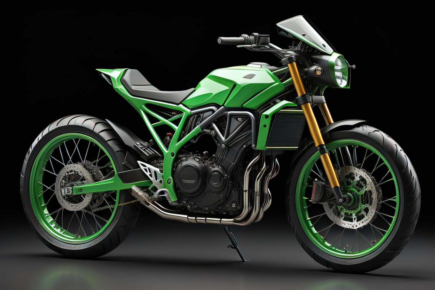 Green chopper motorcycle on a black background. photo