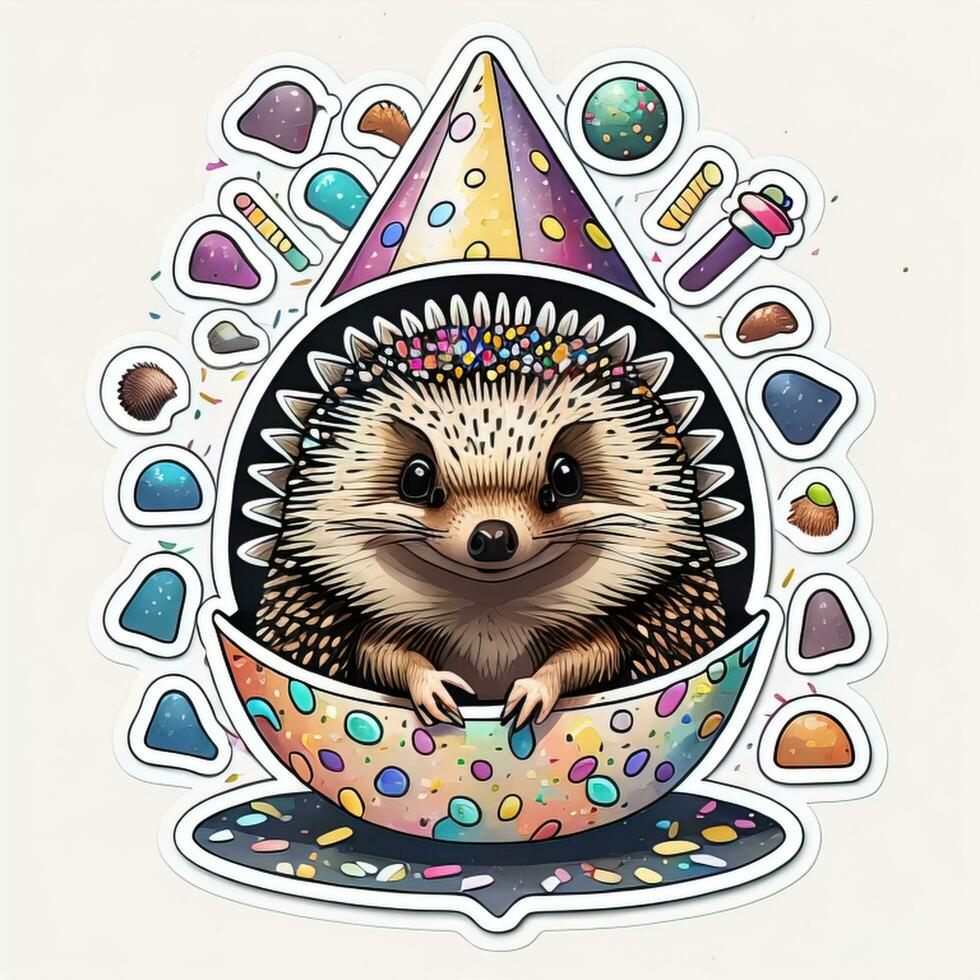 a hedgehog sticker with a birthday hat photo