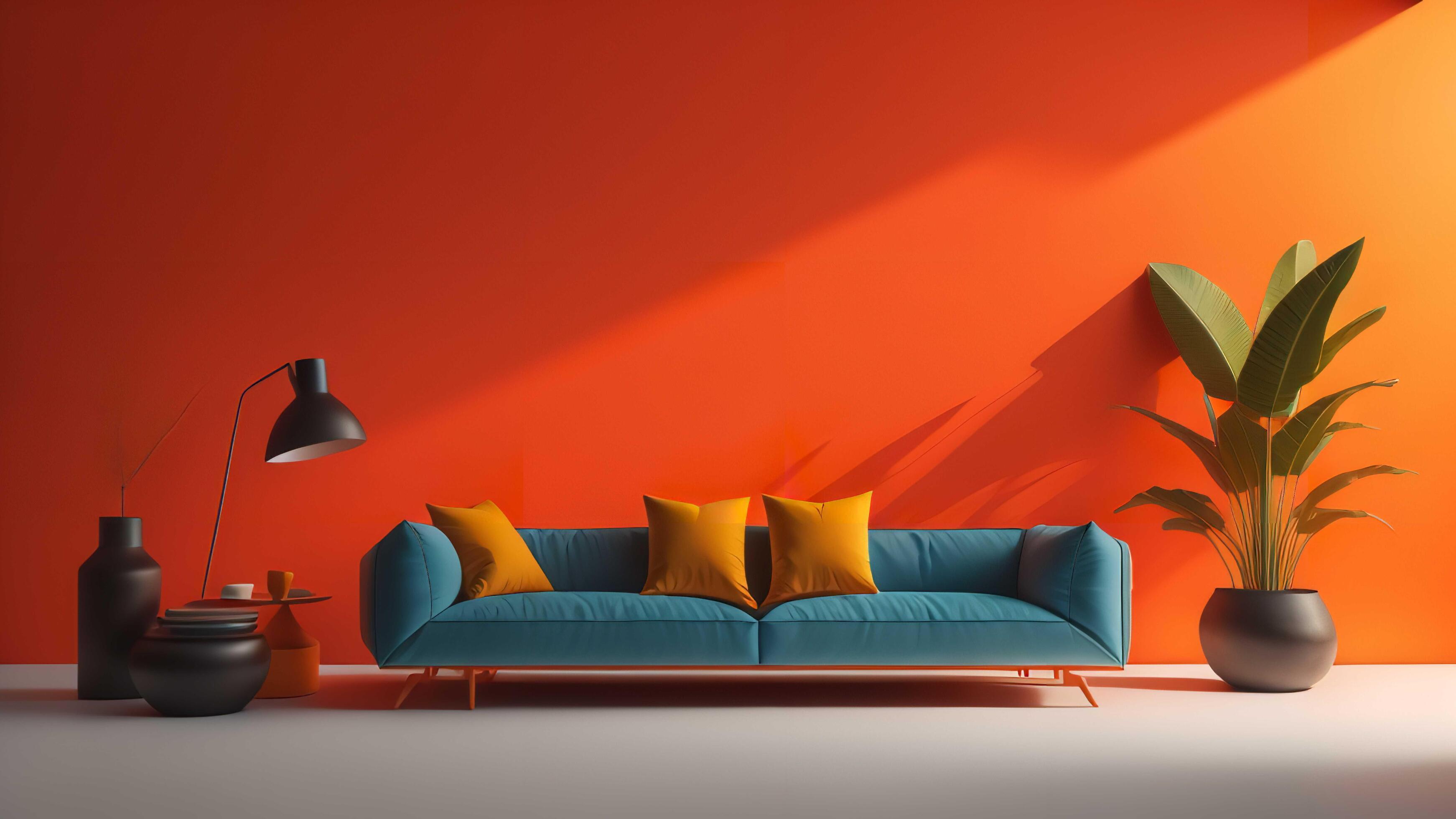 Interior of living room with orange walls, white floor, blue sofa with