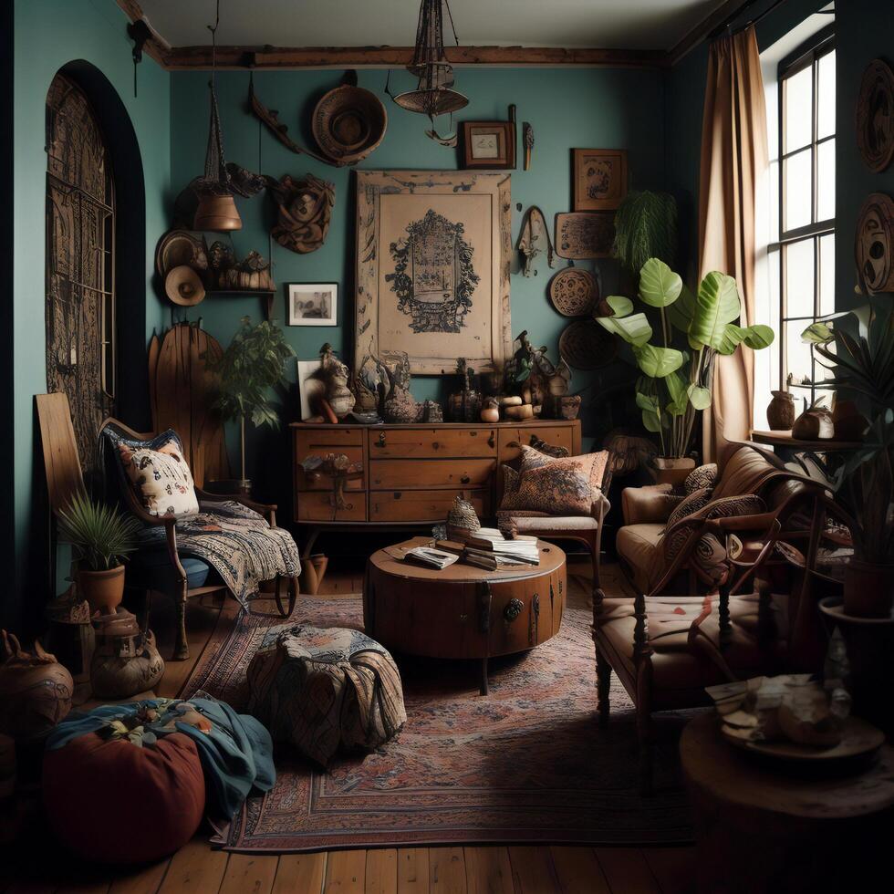 Interior of living room with vintage furniture, armchair, coffee table, sofa, pillows, plants and other items. photo