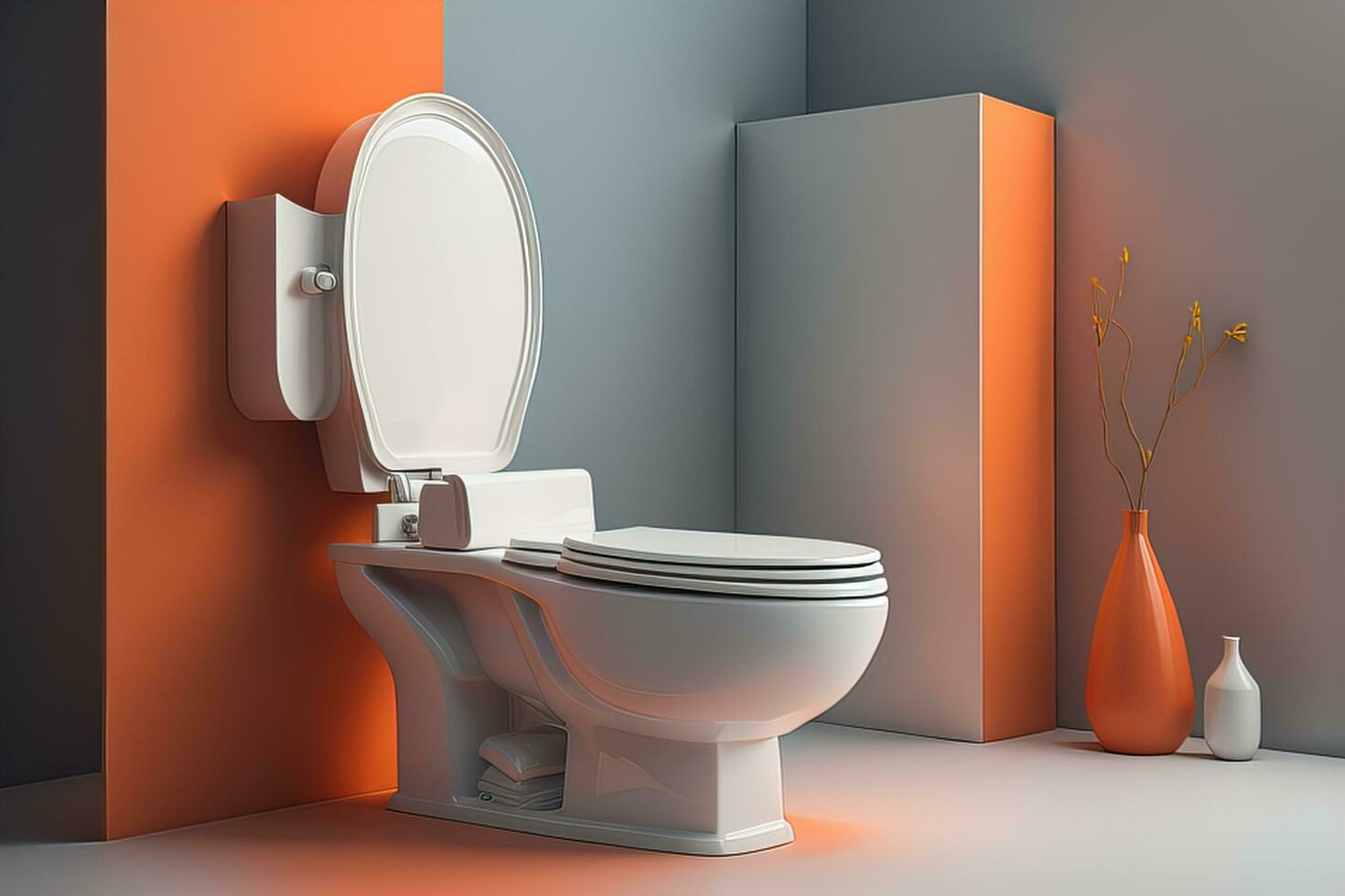 Interior of modern bathroom with orange and blue walls, concrete floor, comfortable white toilet bowl standing on it and vase with flowers. generative ai photo