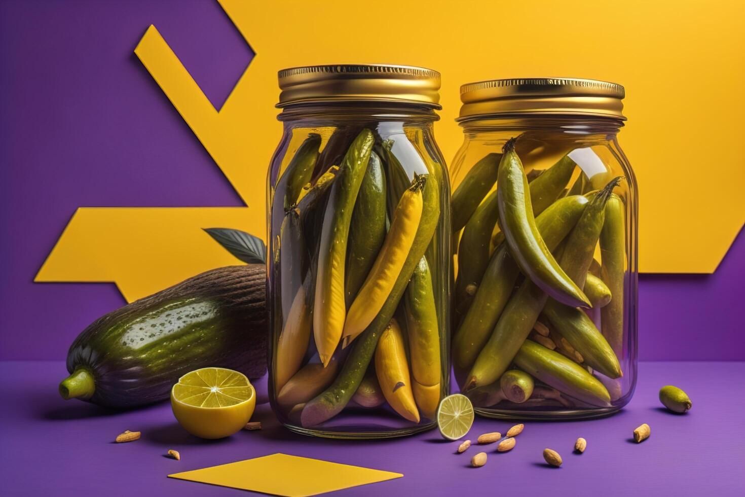 Jars of pickled vegetables on a purple background. Vegetables in jars. photo