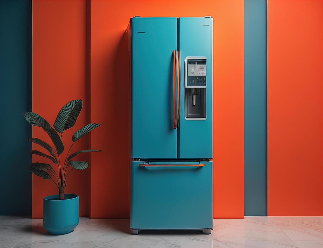Modern blue fridge standing in front of orange wall. photo