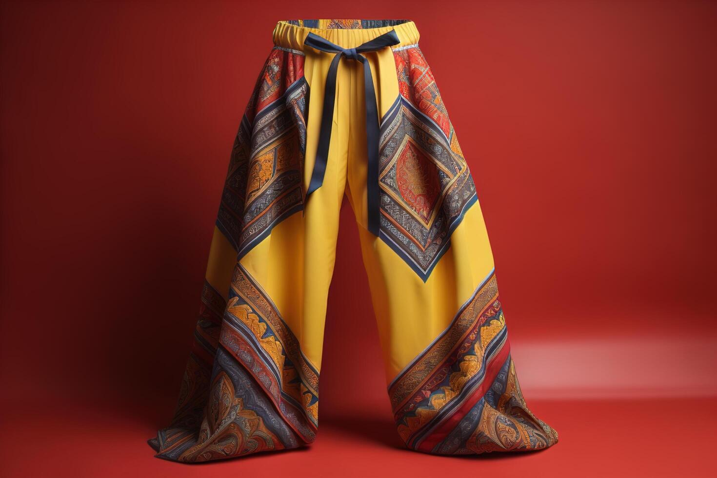 a yellow and blue printed pants with a red background photo