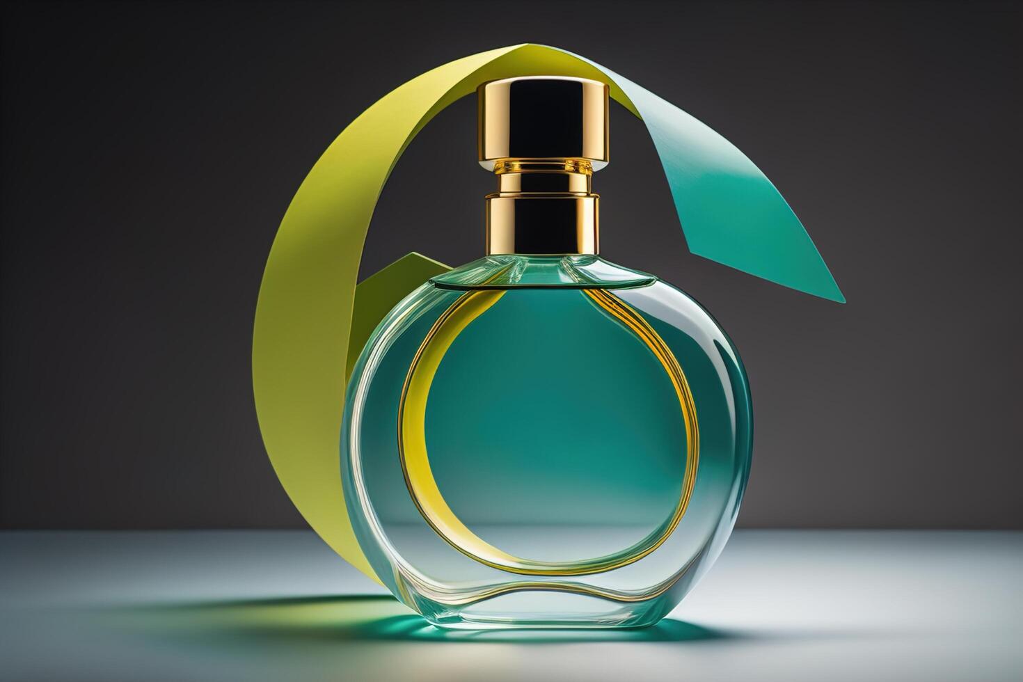 Perfume bottle with green leaf on dark background. photo