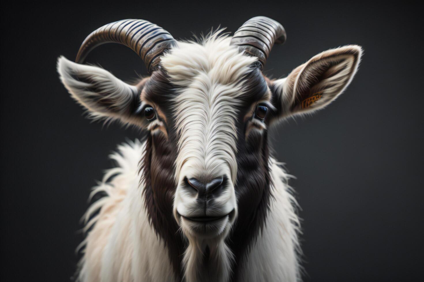 Portrait of a goat with horns on a black background in the studio. photo