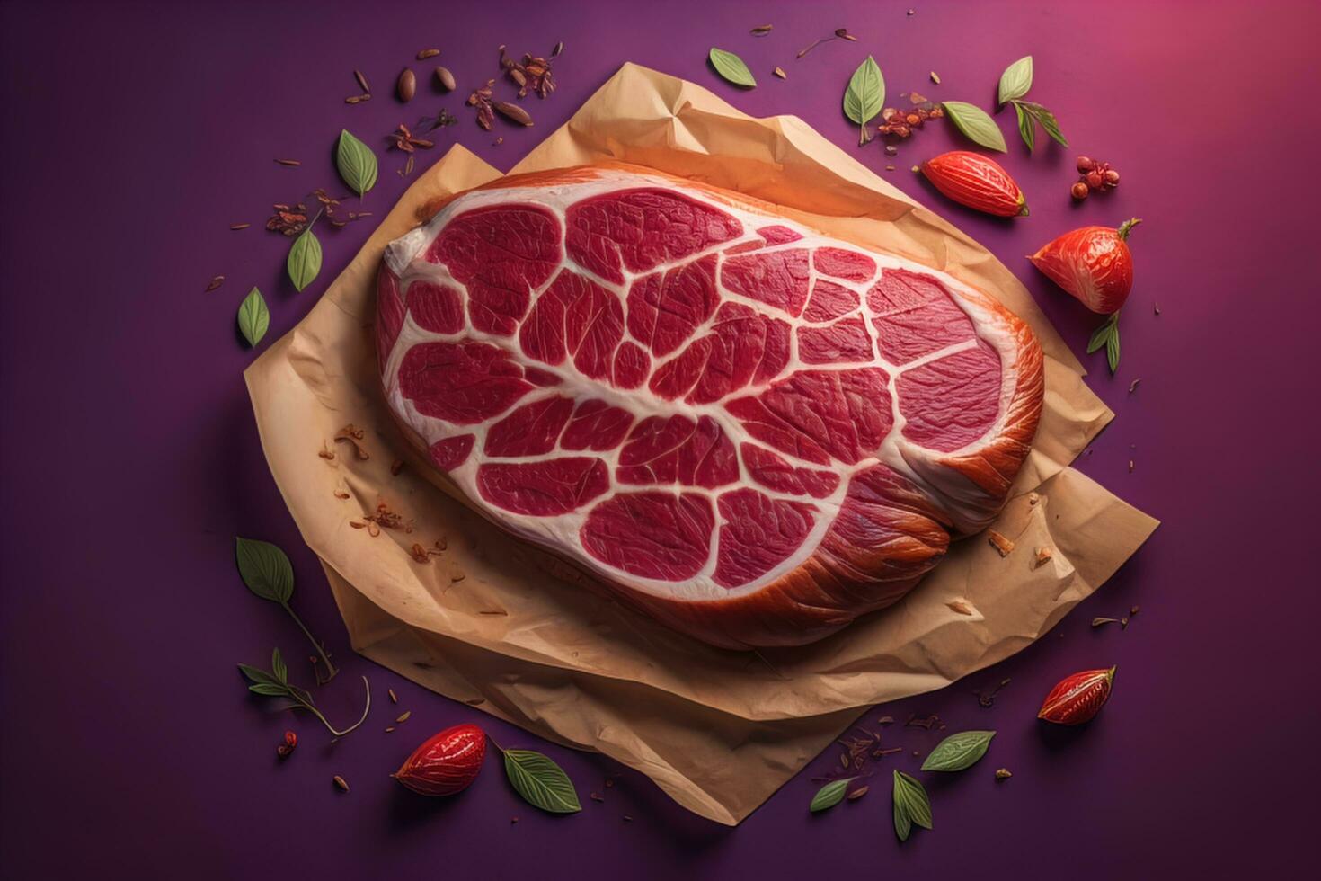 Raw beef steak on paper with herbs and berries on purple background, top view. generative ai photo