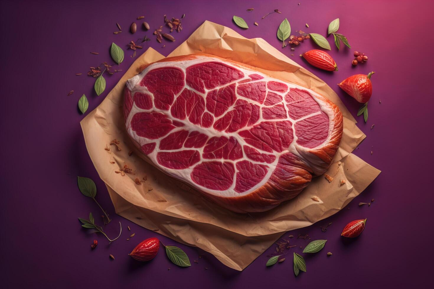 Raw beef steak on paper with herbs and berries on purple background, top view. photo