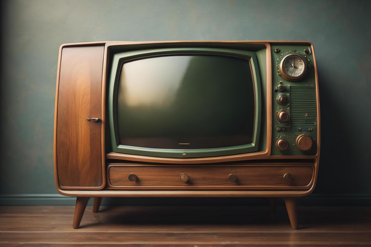 Retro TV on a wooden table in a room with green wall. photo