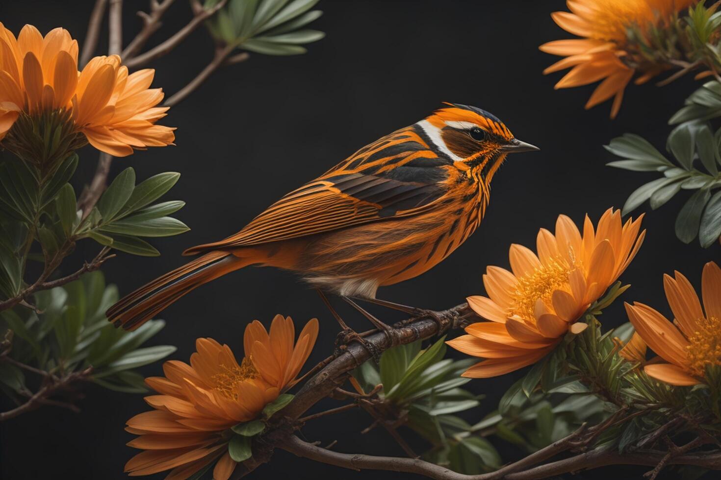 Red-babbler on a branch of an orange flower. photo