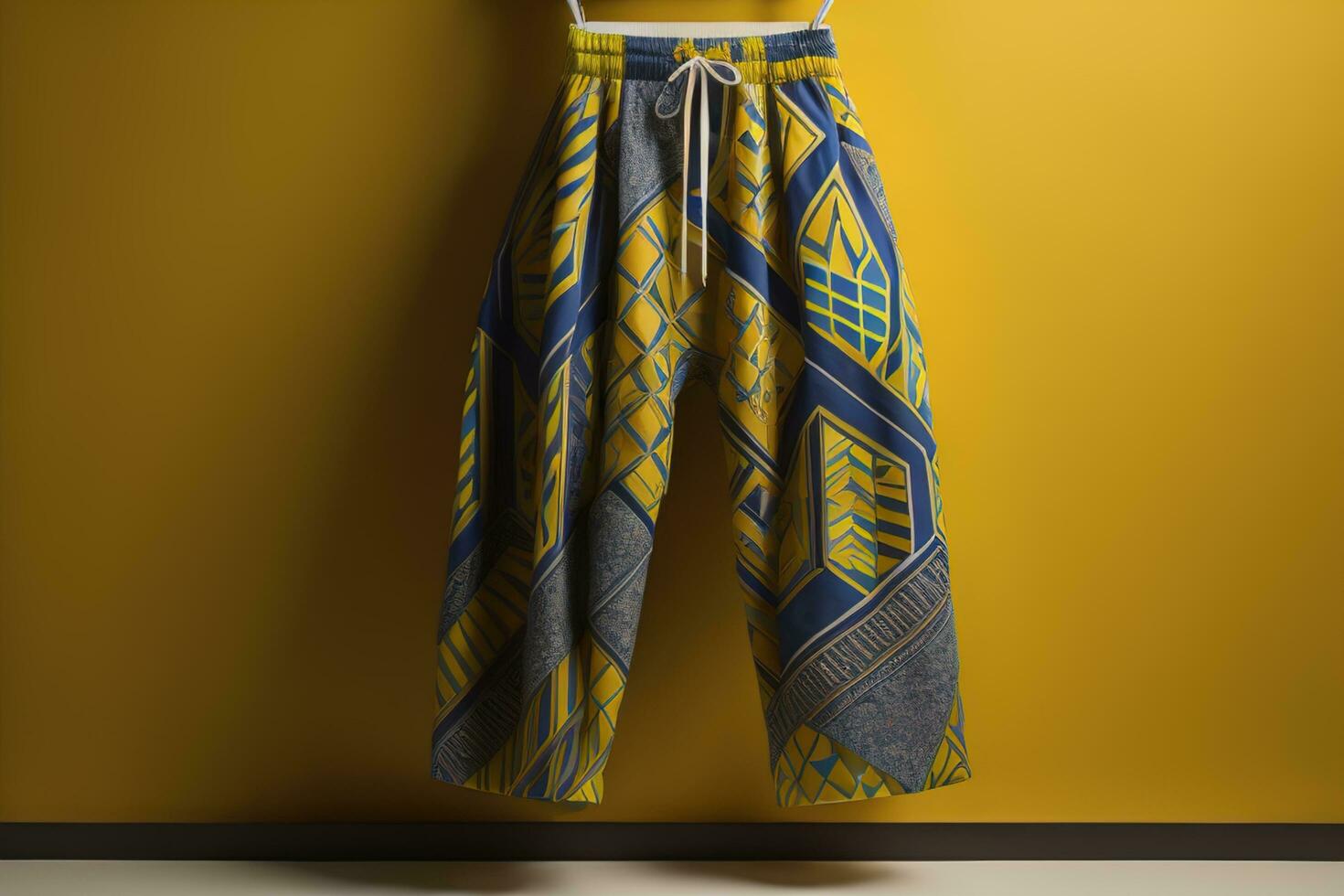 Stylish pants hanging on yellow wall, closeup. Comfortable clothing. generative ai photo