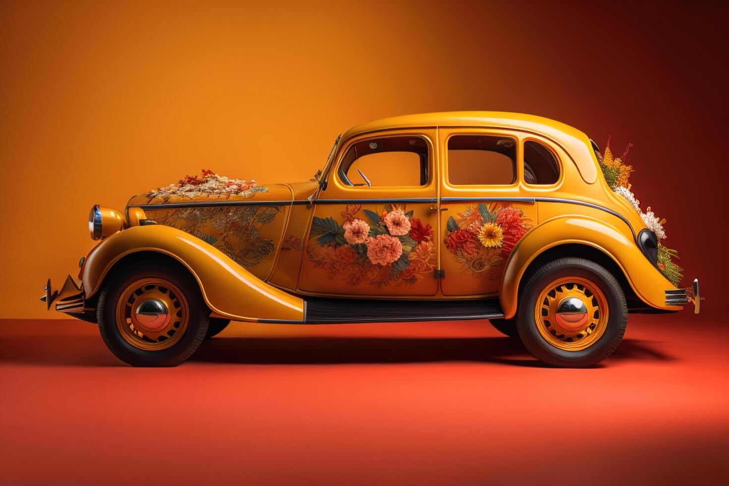 Vintage car with flowers on a red background. photo