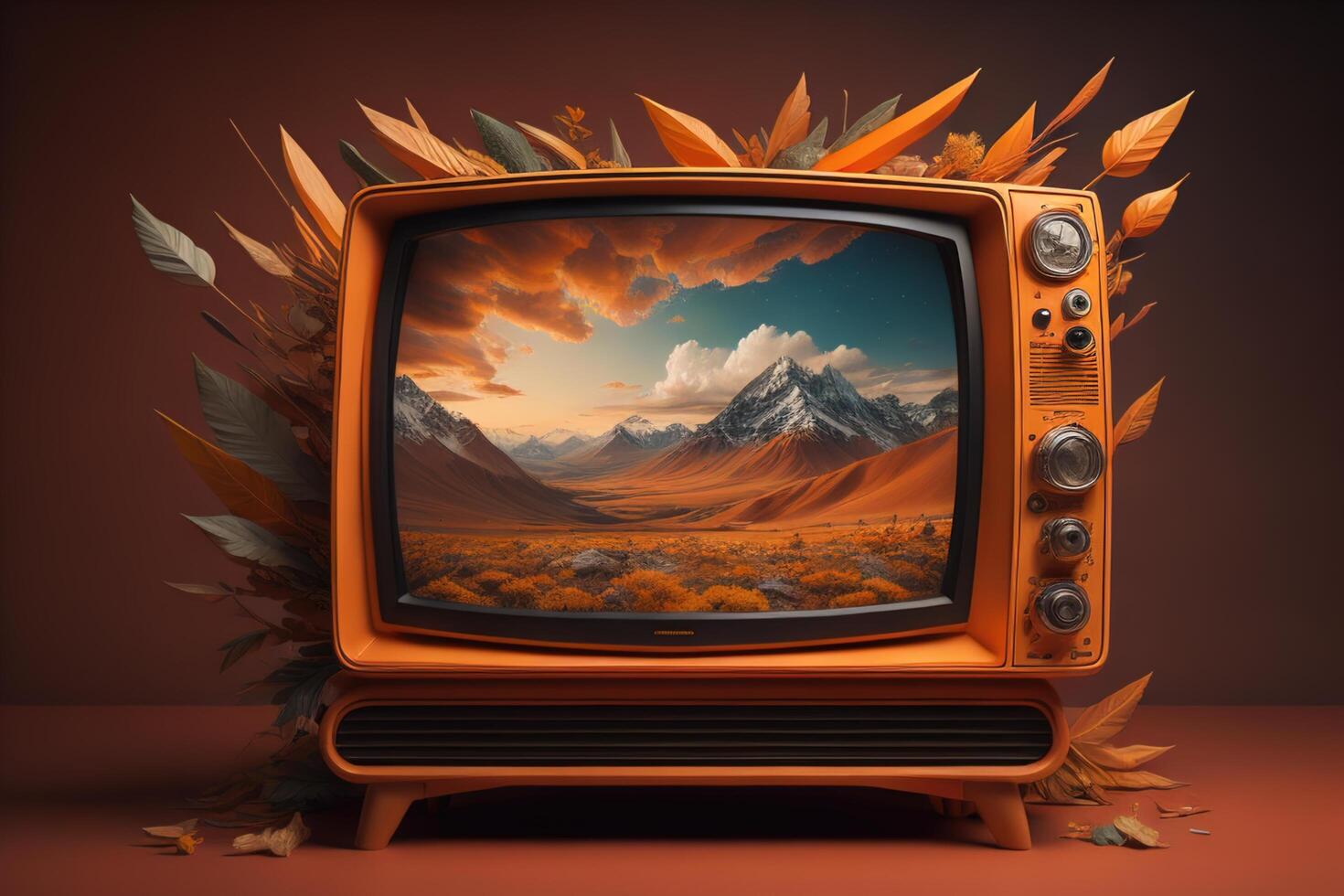 Vintage television with autumn leaves and mountains in the background. photo