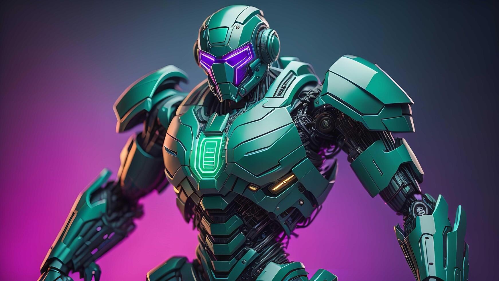 a female robot with green suit isolated on purple background. photo