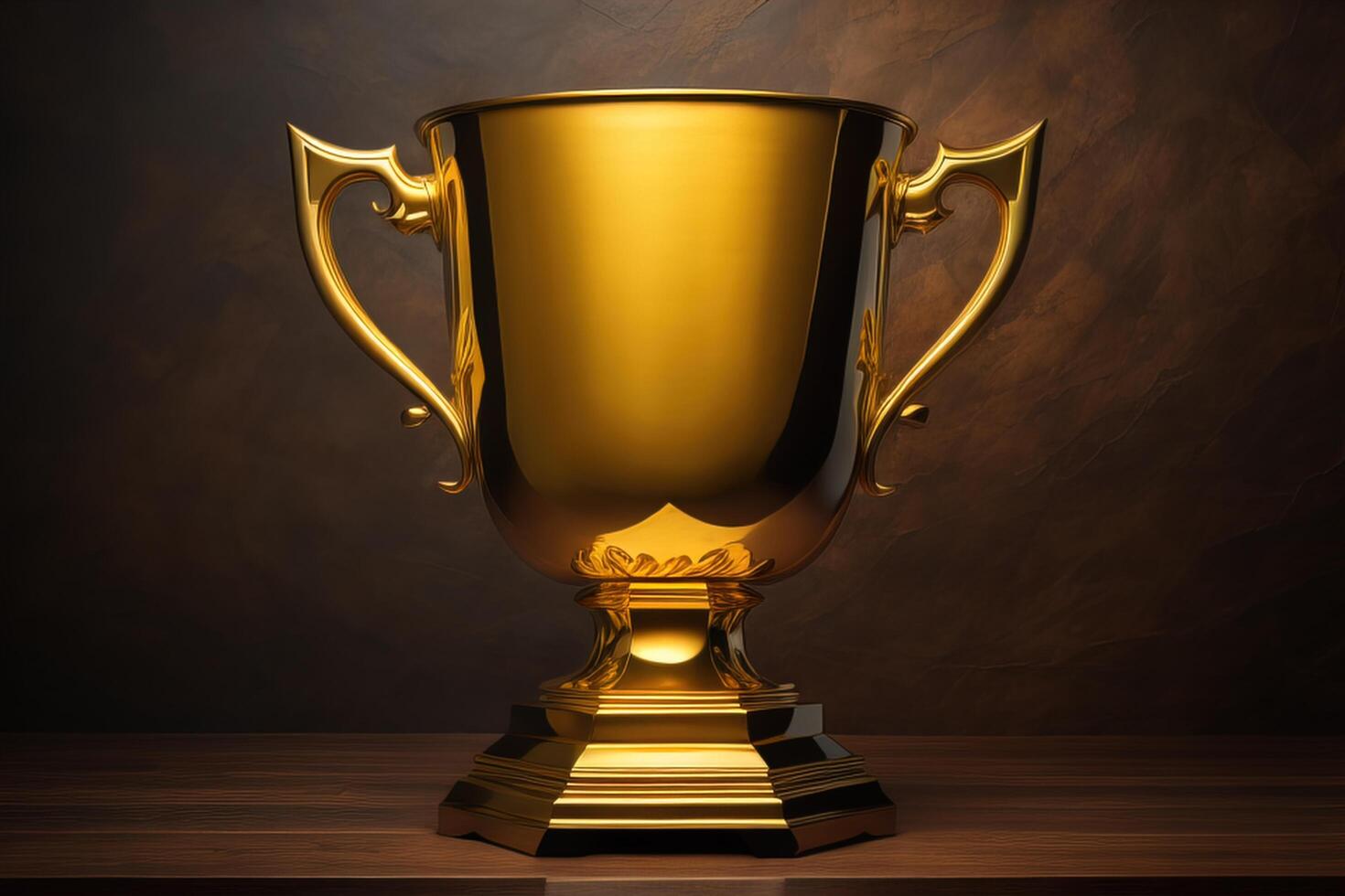 a gold trophy on a wooden table with a brown background. photo