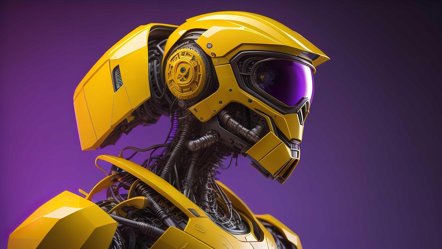 a robot with a helmet isolated on purple background. photo