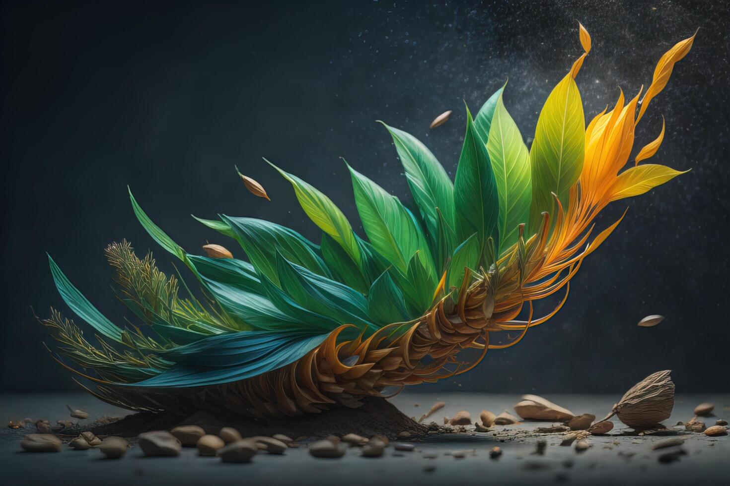 green leaves and seeds in a wicker basket. photo