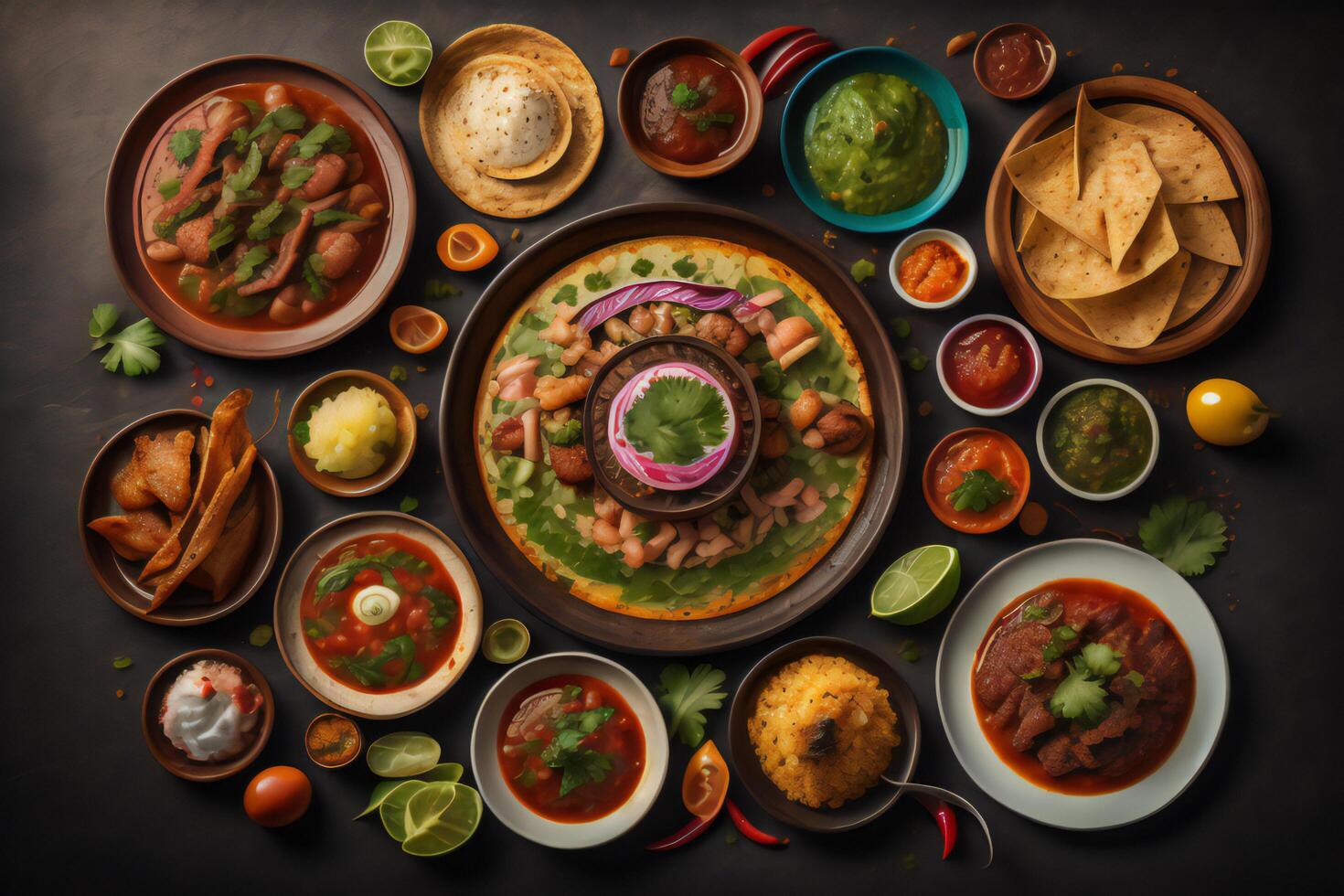 indian food top view on a dark background with nachos. photo