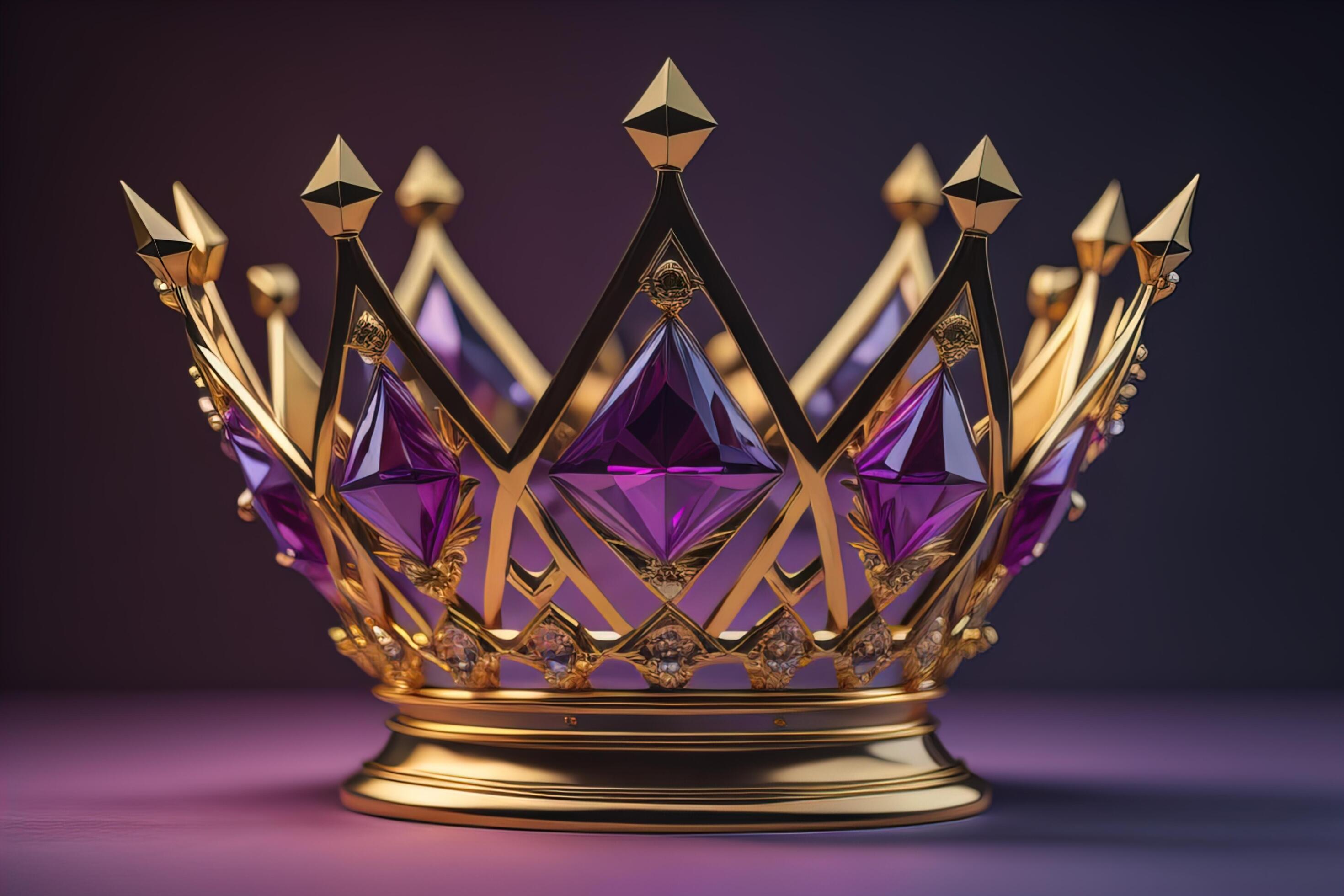 low poly queen crown with gems on purple background. generative ai