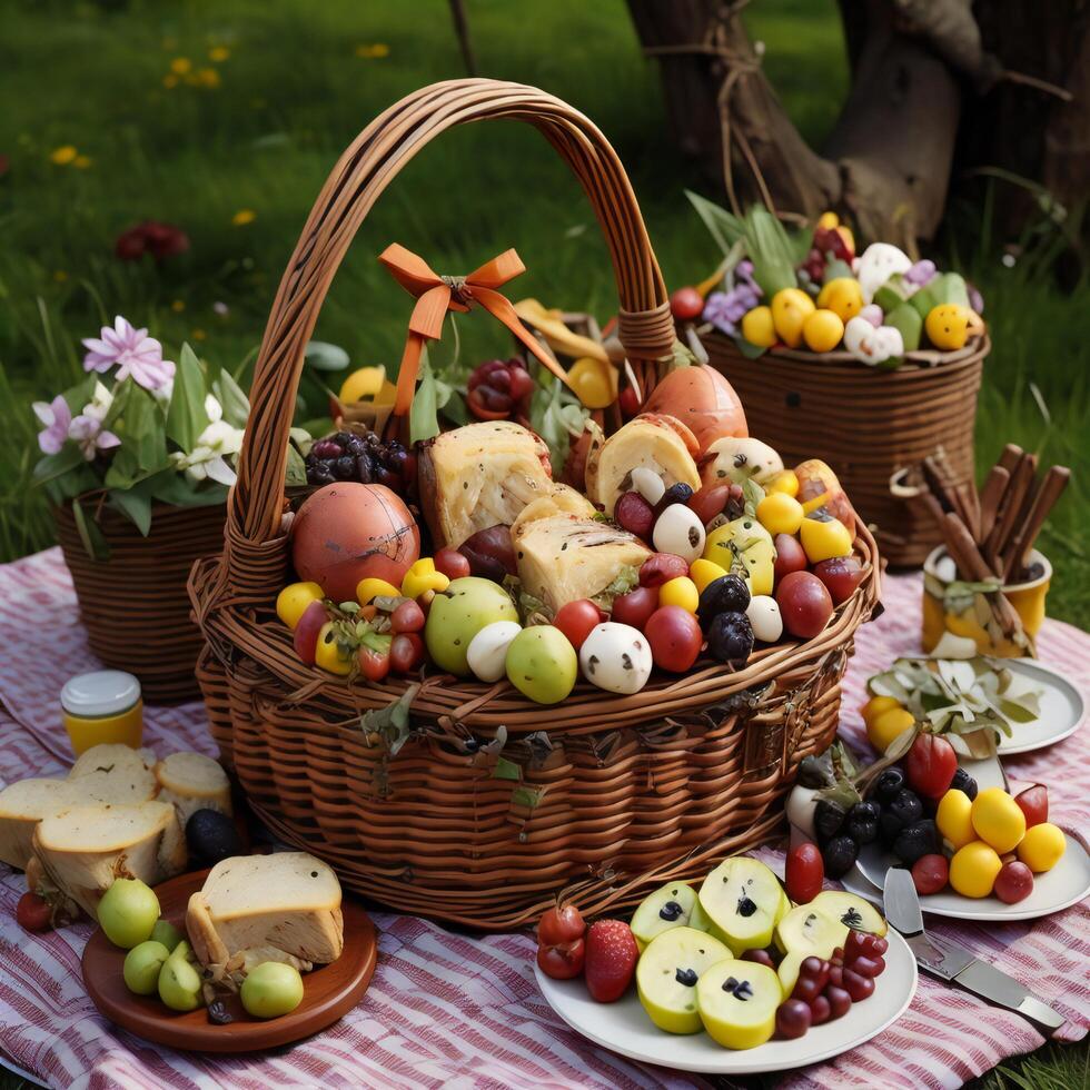 picnic basket with fruit and bread on the grass in the garden. photo