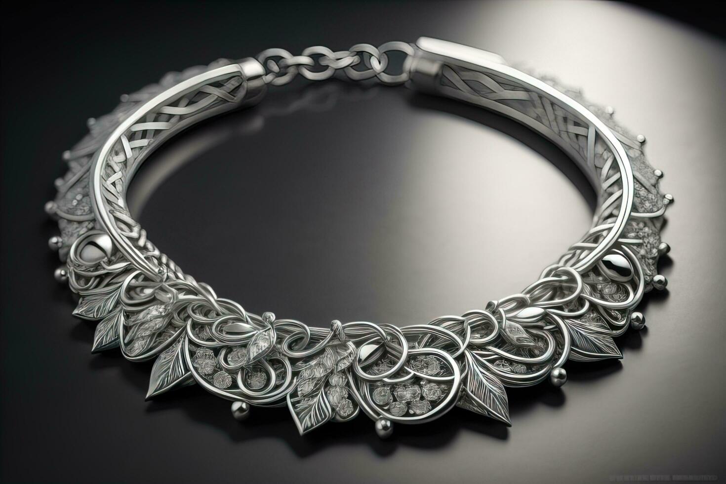 Silver necklace on a solid color background in close-up. ai generative photo