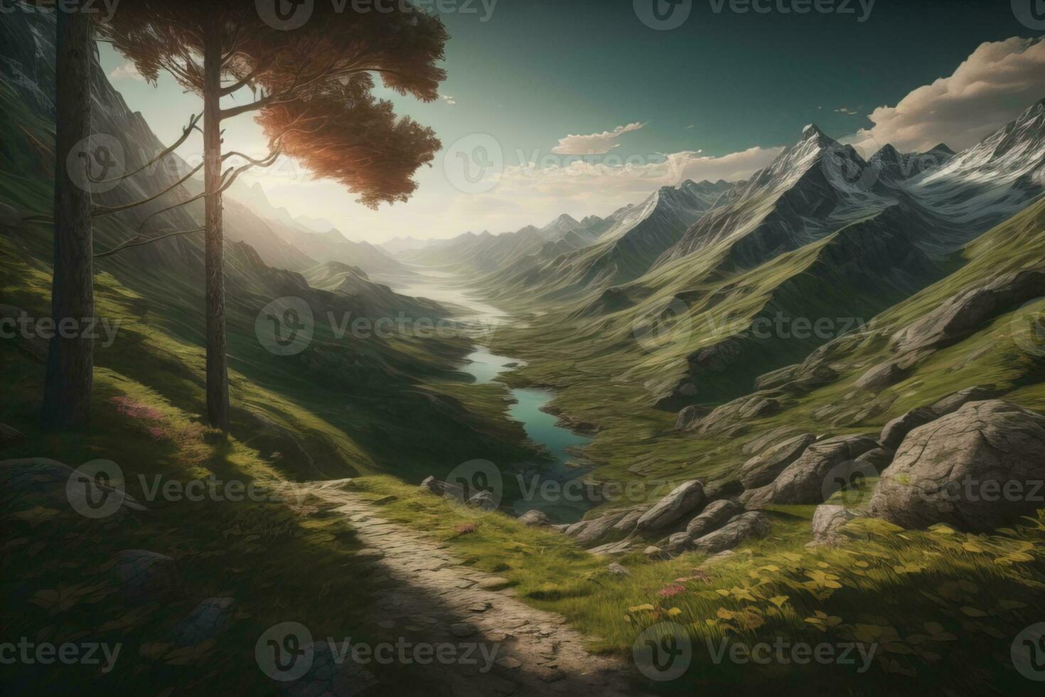 Beautiful fantasy landscape with a river in the mountains. ai generative photo