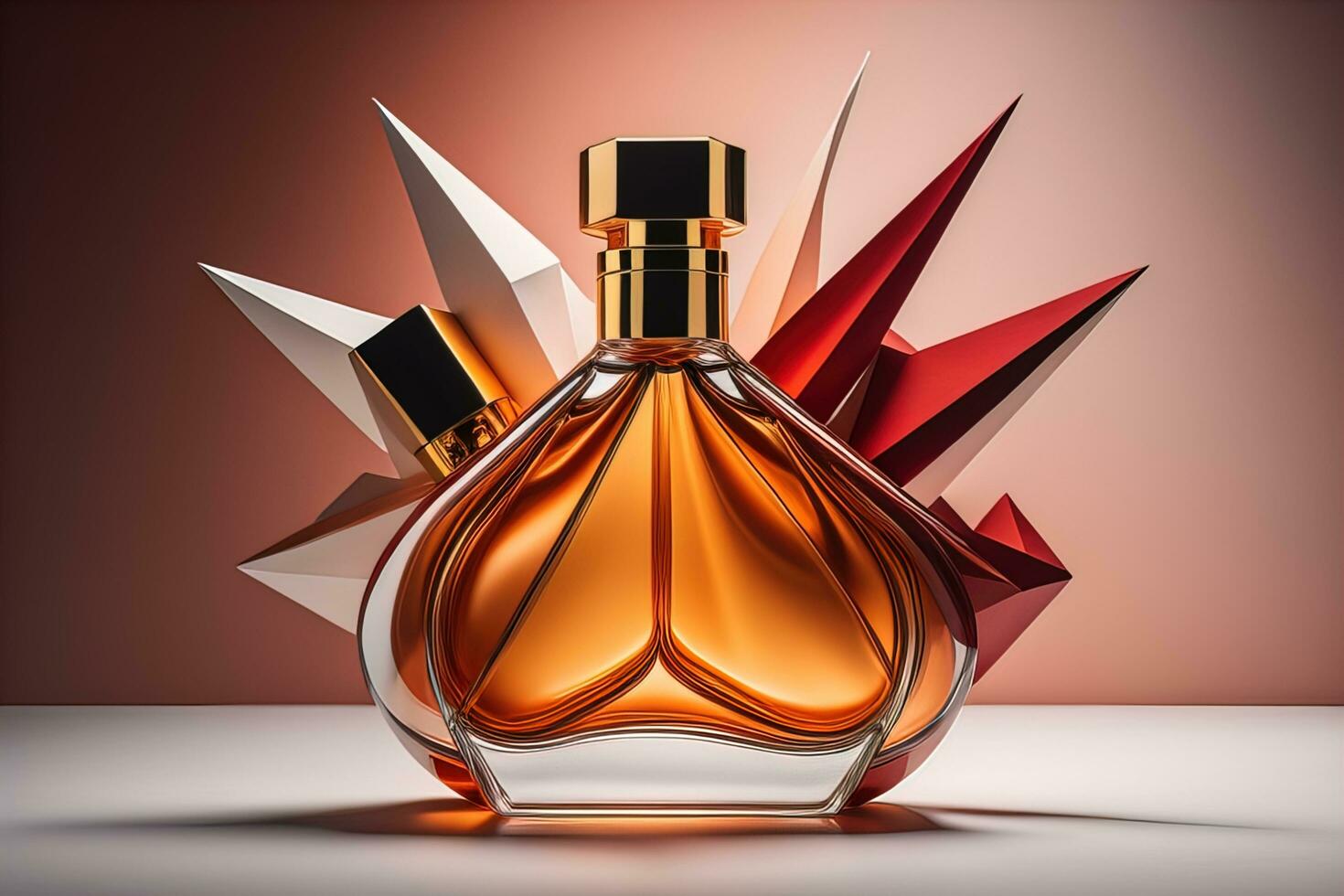 Creative and brandless Perfume bottle and flower on the wooden table, closeup. ai generative photo