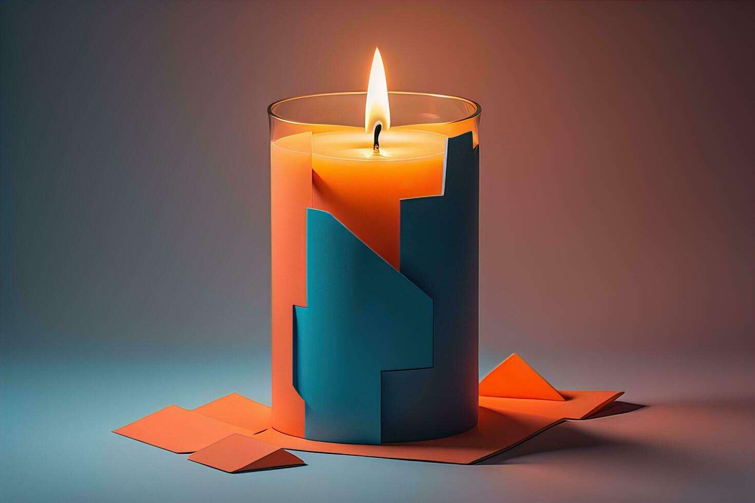 Burning aroma candle on wooden table against solid color background, copyspace. ai generative photo