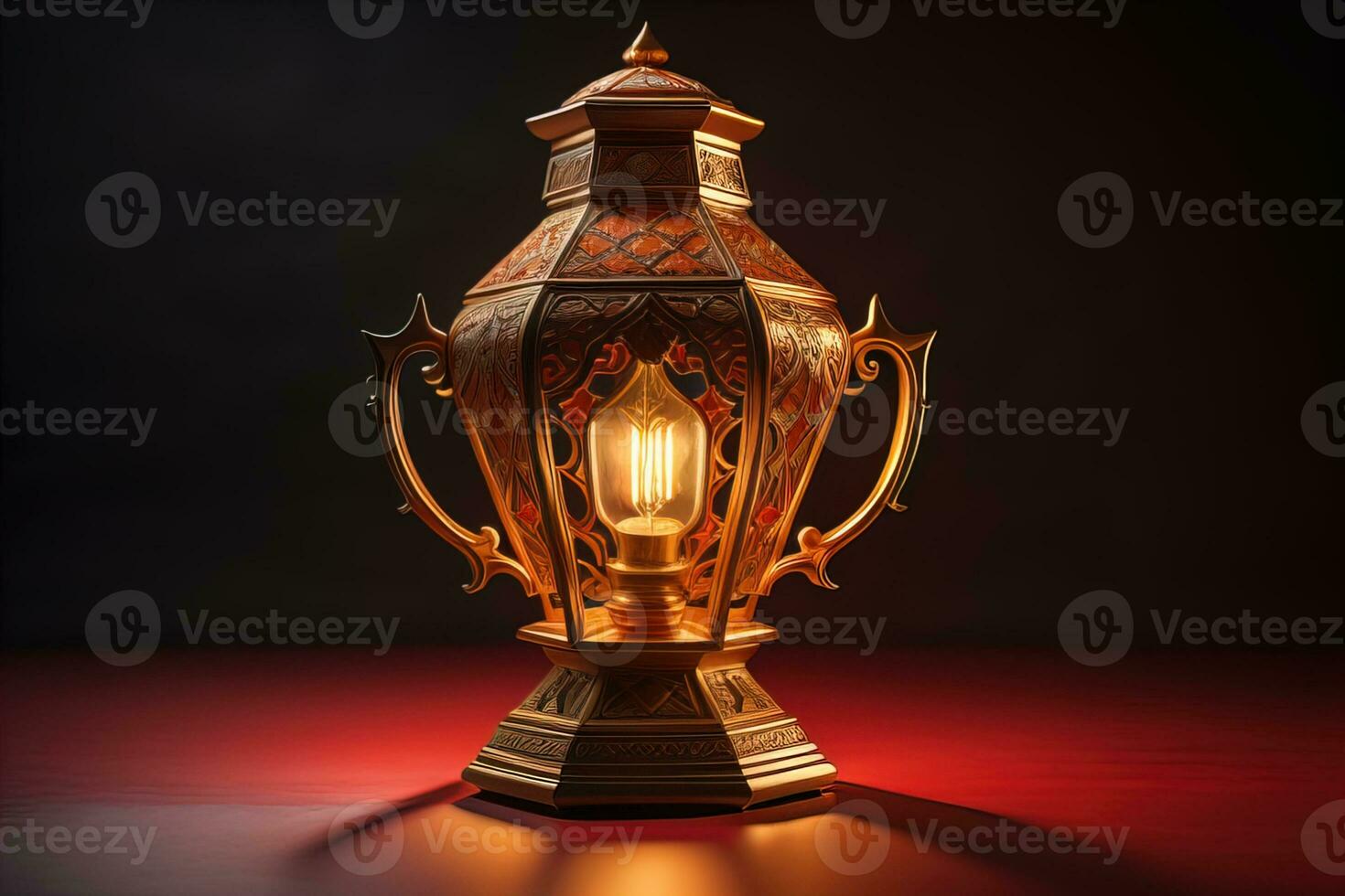 Lantern on a wooden table and a dark background. ai generative photo