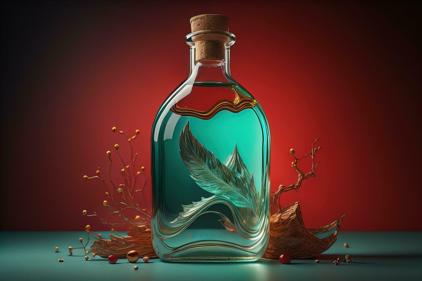 Bottle with a liquid on a solid color background. ai generative photo