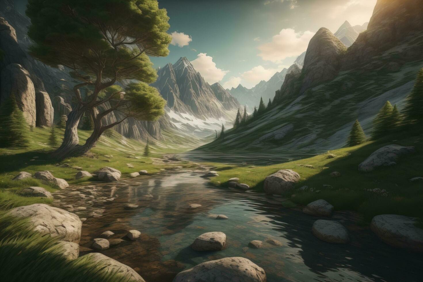 Beautiful fantasy landscape with a river in the mountains. ai generative photo