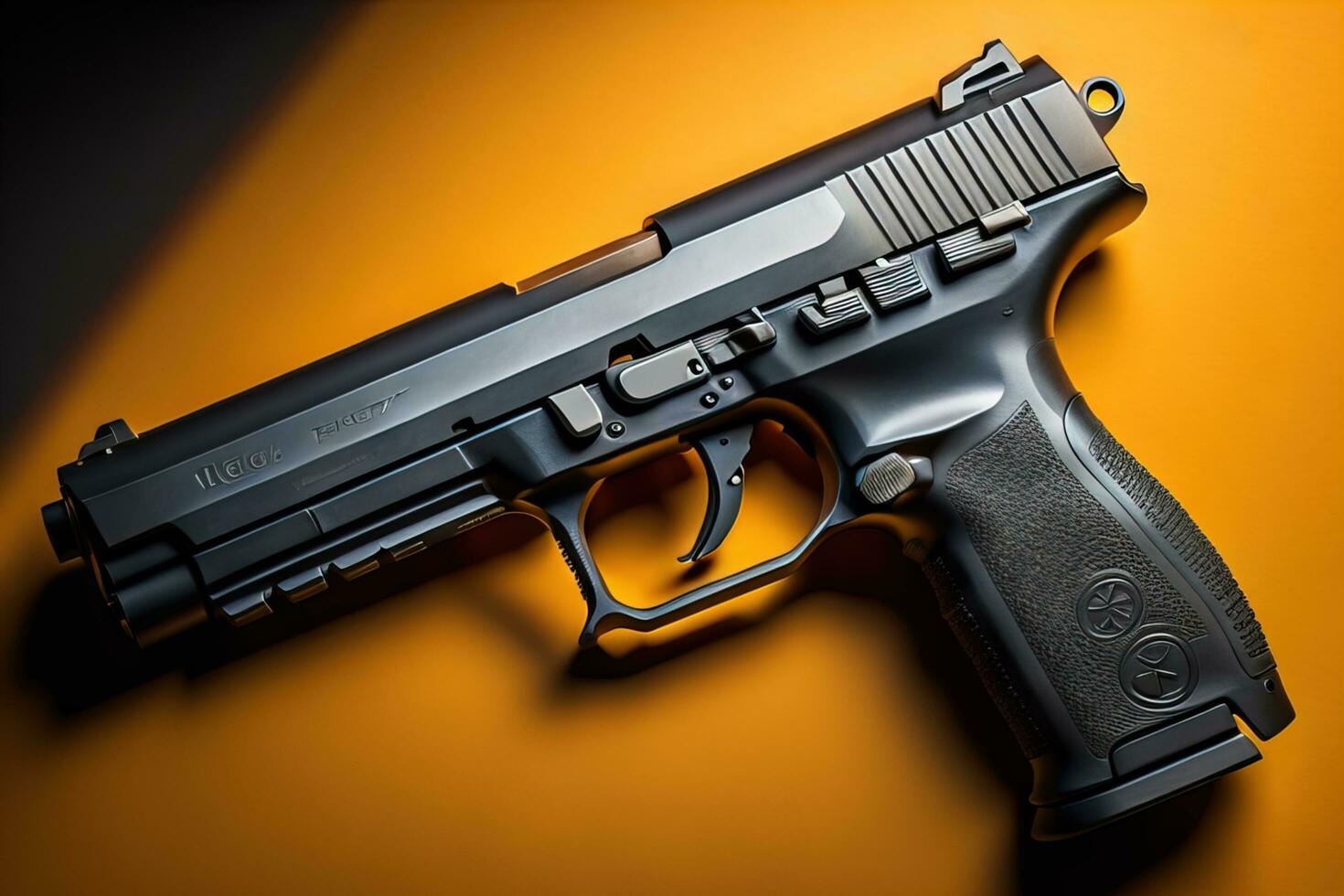 Semi-automatic handgun on a solid color background. Close-up. ai generative photo