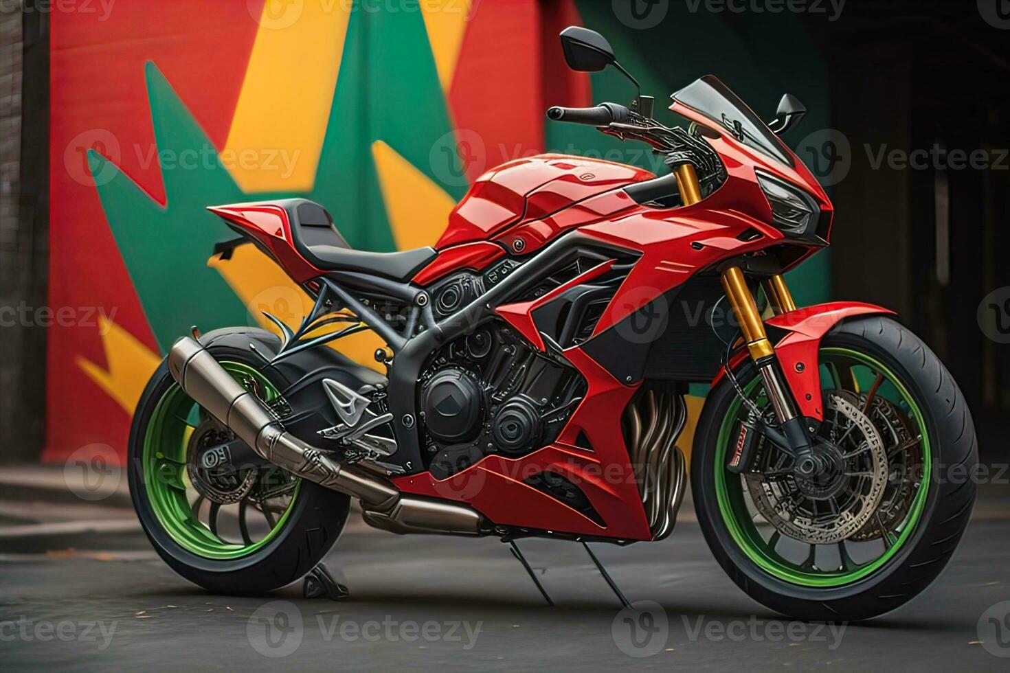 Modern powerful sports motorcycle on a colorful background. ai generative photo