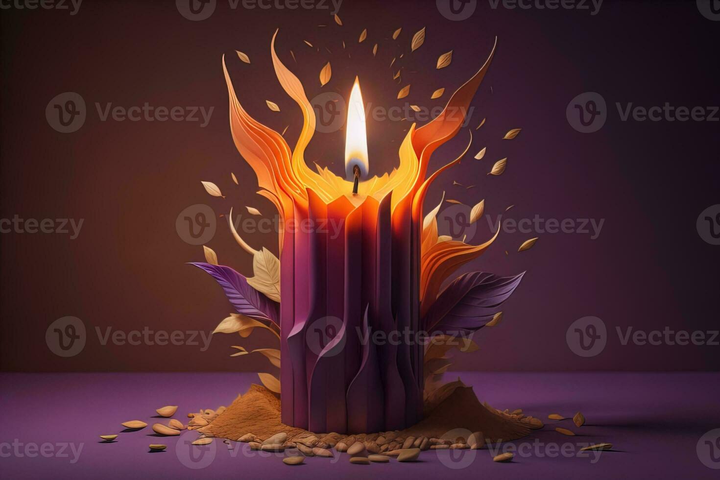 Burning aroma candle on wooden table against solid color background, copyspace. ai generative photo