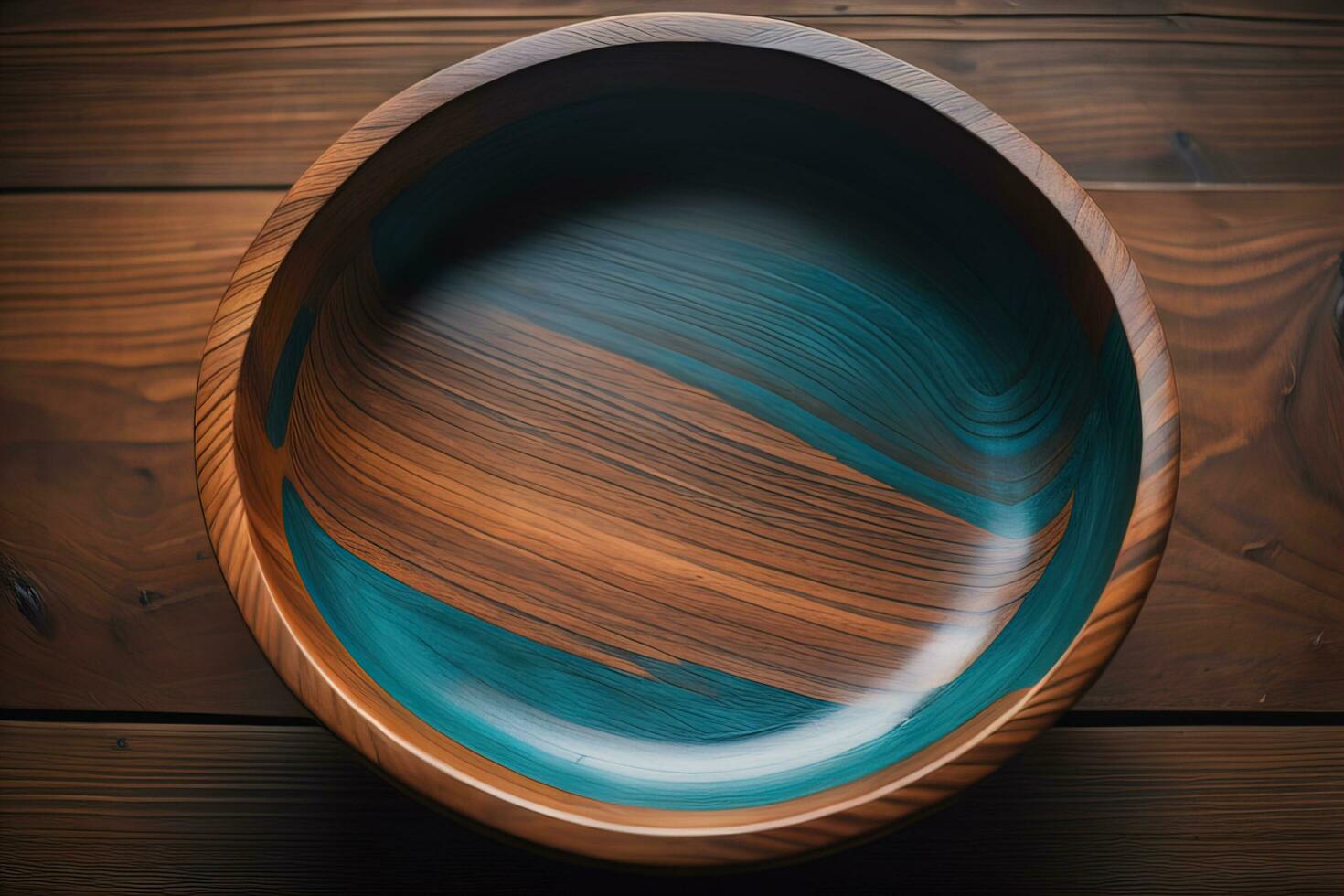 Empty wooden bowl on wooden background. Top view. Copy space. ai generative photo